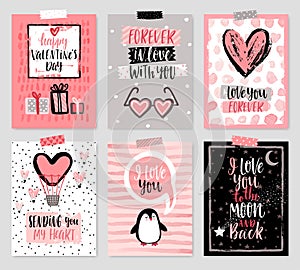 Valentine`s Day card set - hand drawn style with calligraphy.