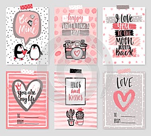 Valentine`s Day card set - hand drawn style with calligraphy. photo