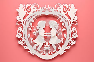 Valentine's Day card in the style of laser cutting, paper cutting in the form of two openwork angels in a heart