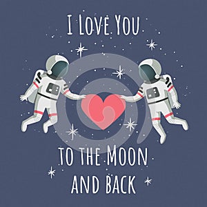 Valentine`s day card template. Couple of astronauts holding a heart.