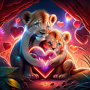 Lion Cubs hugging heart Valentine's day card with tiger and lion cubs in love AI generated animal ai