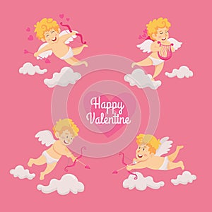 Valentine\'s day card vector illustration. Cute cupid angels character with bow and arrow