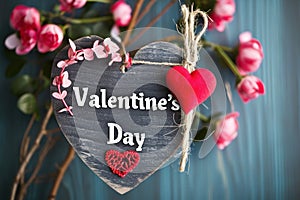 ValentineÃ¢â¬â¢s Day card, wooden heart and pink flowers on vintage blue wood background. Greeting on St Valentine with handmade