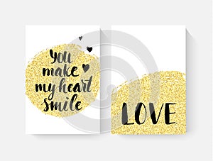 Valentine's day cards with hand lettring and gold glitter details.