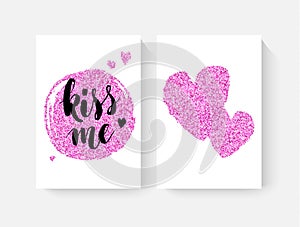 Valentine's day cards with hand lettring and pink glitter details.