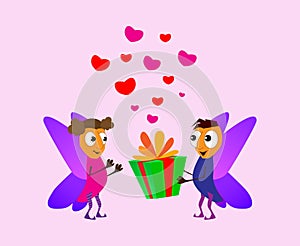 Valentine`s Day. Cartoon elf boy giving girl a gift box. Love cards. Red and pink fhearts. Romance concept Vector illustration ba