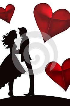 Valentine`s Day celebration greeting card with young loving couple silhouettes