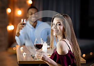 Valentine& x27;s Day Celebration. Interracial Couple In Love Having Romantic Dinner In Restaurant