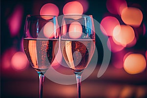 Valentine\'s day celebration toast, pink champagne glasses close up, bokeh lights background. AI generative