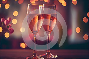 Valentine\'s day celebration toast, pink champagne glasses close up, bokeh lights background. AI generative