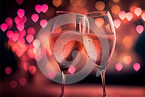 Valentine\'s day celebration toast, pink champagne glasses close up, bokeh lights background. AI generative