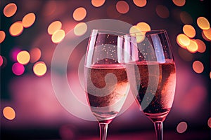 Valentine\'s day celebration toast, pink champagne glasses close up, bokeh lights background. AI generative