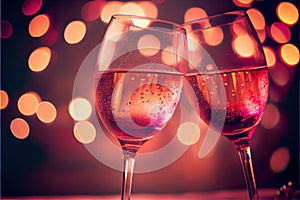 Valentine\'s day celebration toast, pink champagne glasses close up, bokeh lights background. AI generative