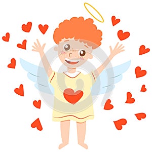 Valentine s Day. Cheerful baby boy cupid angel. Waving hands among red hearts. Pastel blue wings. White skin. Orange curly hair.