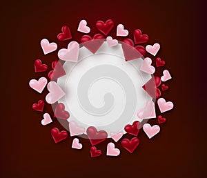 Valentine`s day circular banner. Love 3d hearts in circle design concept banner template background.