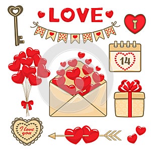 Valentine\'s day clip art, vector collection of envelope with hearts, balloons, gift box