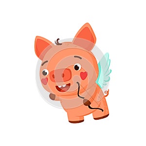 Valentine`s day clipart. Cute piglet as a cupid. Declaration of love.