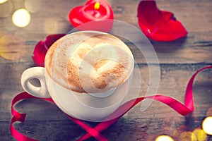 Valentine`s Day coffee with heart on foam