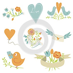 Valentine`s Day collection. Birds, hearts,flowers and other elements. Hand drawn. Simple and cute