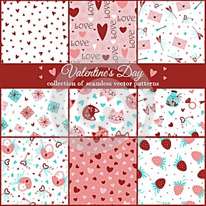 Valentine's Day collection of hand drawn seamless vector patterns. Love symbols - heart, romantic message, gift.