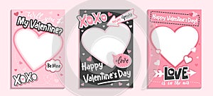 Valentine`s Day colorful photo frame and backgrounds with pink hearts and love quotes.Will you be my Valentine printable photo