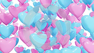 Valentine's day. Colorful pink and blue heart-shaped balloons fly. Love.