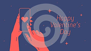 Valentine\'s day composition drawing female hands holding phone with heart image