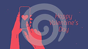 Valentine\'s day composition drawing female hands holding phone with heart image. Abstract background