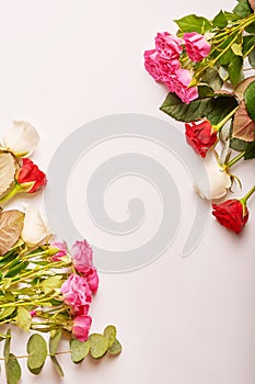 Valentine`s day composition with flowers. Valentine card. Greeting card template. Space for text. Concept of Happy Valentine`s d