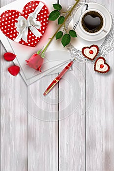 Valentine`s day composition on wooden table with heart shape objects and red rose