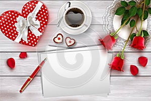 Valentine`s day composition on wooden table with heart shape objects and red roses