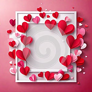 Valentine\'s day concept background, Pink paper hearts with white square frame, Cute love sale banner or greeting card