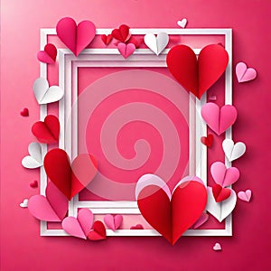 Valentine\'s day concept background, Pink paper hearts with white square frame, Cute love sale banner or greeting card