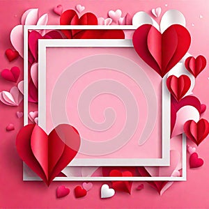 Valentine\'s day concept background, Pink paper hearts with white square frame, Cute love sale banner or greeting card