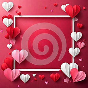 Valentine\'s day concept background, Pink paper hearts with white square frame, Cute love sale banner or greeting card