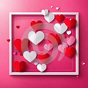 Valentine\'s day concept background, Pink paper hearts with white square frame, Cute love sale banner or greeting card