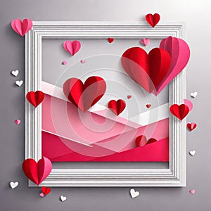 Valentine\'s day concept background, Pink paper hearts with white square frame, Cute love sale banner or greeting card