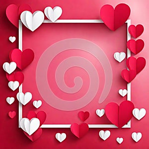 Valentine\'s day concept background, Pink paper hearts with white square frame, Cute love sale banner or greeting card