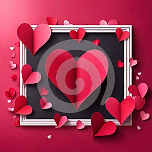 Valentine\'s day concept background, Pink paper hearts with white square frame, Cute love sale banner or greeting card