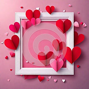 Valentine\'s day concept background, Pink paper hearts with white square frame, Cute love sale banner or greeting card