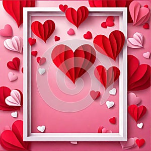 Valentine\'s day concept background, Pink paper hearts with white square frame, Cute love sale banner or greeting card