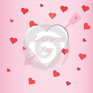 Valentine`s day concept background. Vector postcard red and pink paper hearts with white heart frame.  Birthday greeting card