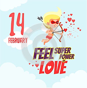 Valentine's day concept with cartoon cupid as superhero.