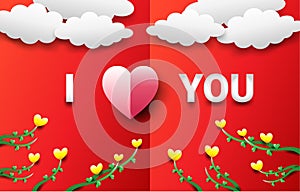 Valentine`s Day concept consists of a pink heart with a love symbol for a red background. There are clouds and yellow heart-shape