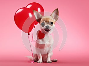 Valentine's Day concept with a cute puppy dog holding a love heart balloon. Generative AI