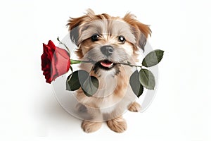 Valentine's Day concept. Funny portrait cute dog puppy with red rose flower