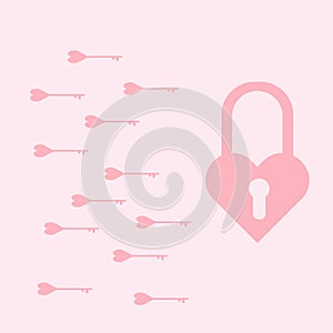 Valentine`s day concept heart key.The pink vector key is running towards the padlock.The sperm model runs towards