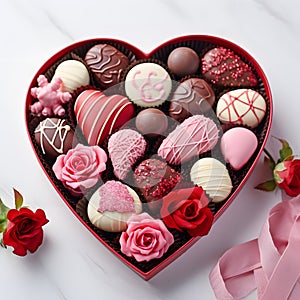 Valentine\'s Day concept with a heart-shaped box full of chocolates