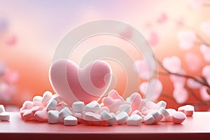 Valentine's Day concept with heart-shaped candies and soft bokeh. sweet marshmallow