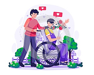 Valentineâs day concept illustration with a Young man walking with his girlfriend sitting in a wheelchair